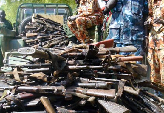 Seized guns on display secured by SPLA Disarmament forces in Jonglei State [©Gurtong]