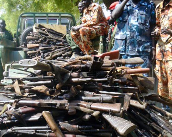 Seized guns on display secured by SPLA Disarmament forces in Jonglei State [©Gurtong]