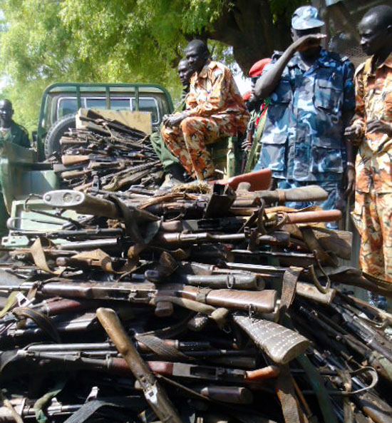 Seized guns on display secured by SPLA Disarmament forces in Jonglei State [©Gurtong]