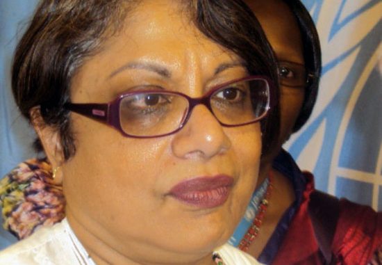 Radhika Comaraswamy addressing the press at the UNMISS Compound in Juba [©Gurtong]