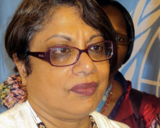 Radhika Comaraswamy addressing the press at the UNMISS Compound in Juba [©Gurtong]