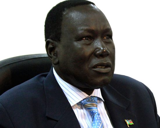 Hon. Joseph Lual Acuil addressing the media in Juba [©Gurtong]