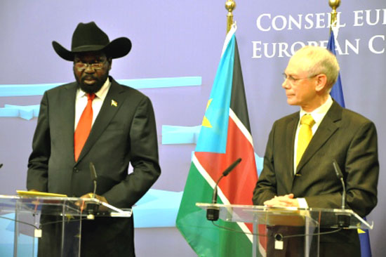 The two principals (L-R) H.E Salva Kiir with President of EU Council Mr. Harmann Van Rompuy in a joint press briefing in Brussels The two principals (L-R) H.E Salva Kiir with President of EU Council Mr. Harmann Van Rompuy in a joint press briefing in Brussels