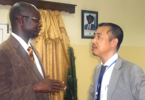 (L-R) Mr. Deng Deng and the JICA representative sharing moments after the opening of the two-days deliberations at Juba Bridge Hotel [©Gurtong]