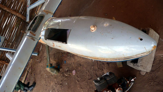 The Iranian made plane allegedly gunned down by the SPLA, displayed before the media in Juba [©Gurtong]