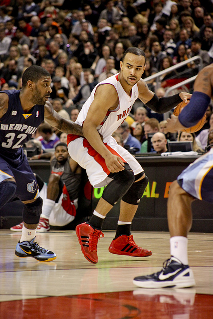 Toronto Raptors point guard Jerryd Bayless is closely guarded by Memphis Grizzlies guard O.J. Mayo. Bayless came off the bench to score a team-high 18 points in a 102-99 loss against the Grizzlies (Annandi Merhai) Toronto Raptors point guard Jerryd Bayless is closely guarded by Memphis Grizzlies guard O.J. Mayo. Bayless came off the bench to score a team-high 18 points in a 102-99 loss against the Grizzlies (Annandi Merhai)