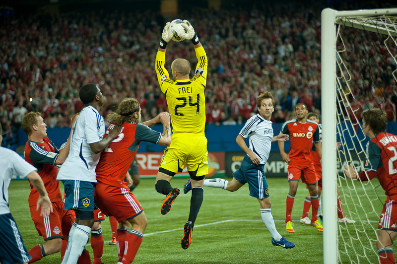 Toronto FC goalkeeper Stefan Frei leaps up to grab one of many corner kicks from David Beckham. TFC played to a 2-2 draw in front of 47,658 fans Wednesday night at the Rogers Centre (John Lucero) Toronto FC goalkeeper Stefan Frei leaps up to grab one of many corner kicks from David Beckham. TFC played to a 2-2 draw in front of 47,658 fans Wednesday night at the Rogers Centre (John Lucero)