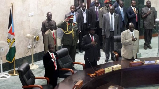 South Sudanese President Salva Kiir Mayardit at the National Assembly briefing [©Gurtong/Waakhe Simon Wudu]