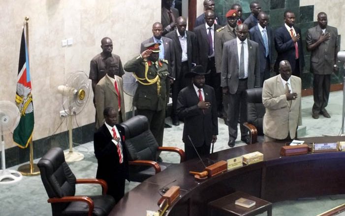 South Sudanese President Salva Kiir Mayardit at the National Assembly briefing [©Gurtong/Waakhe Simon Wudu]