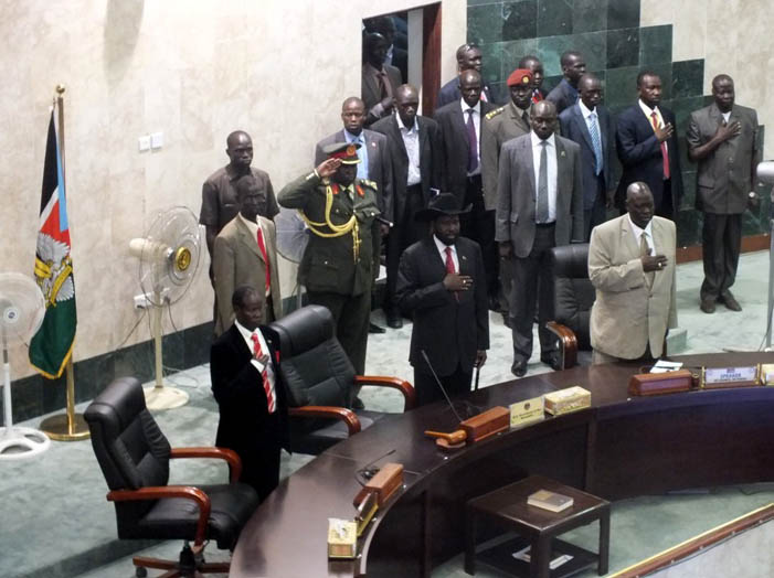 South Sudanese President Salva Kiir Mayardit at the National Assembly briefing [©Gurtong/Waakhe Simon Wudu]