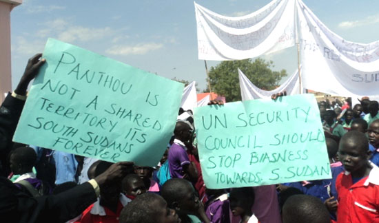 EES citizens display placards during a peaceful demonstration in Torit petitioning UN to mediate the current political crisis [Â©Gurtong/Peter Lokale]