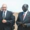 (L-R) Mohammed Kemel received by Dr. Barnaba Marial upon arrival at the Juba International Airport [Â©Gurtong/Waakhe Wudu]