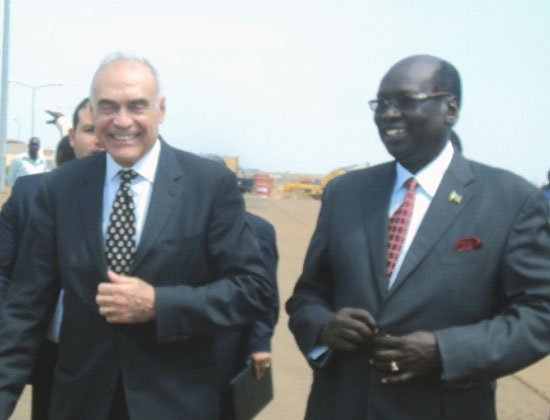 (L-R) Mohammed Kemel received by Dr. Barnaba Marial upon arrival at the Juba International Airport [Â©Gurtong/Waakhe Wudu]