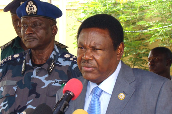 (L-R) Inspector General of Police Tito Achuil and the Interior Minister Alison Manani speaking to the press in Juba [©Gurtong/ Waakhe Wudu]
