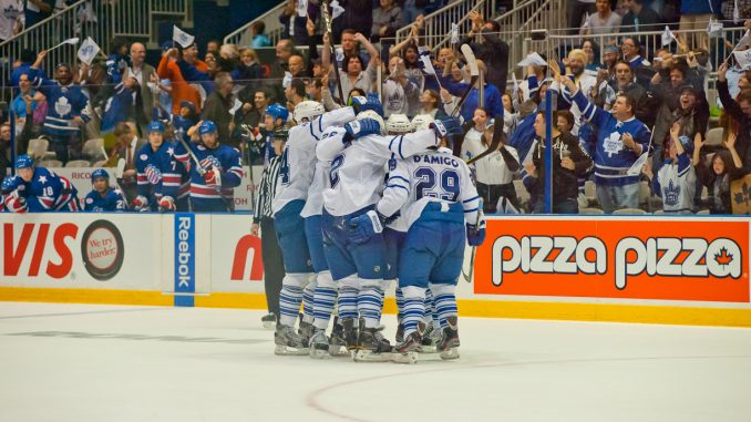 Toronto Marlies Open Playoffs With 4-3 Win Over Rochester Americans The Toronto Marlies celebrate one of its three goals in the third period in a 4-3 win over the Rochester Americans on Thursday night. The Marlies used its home ice advantage at Ricoh Colisuem to take a 1-0 lead in the best-of-five first round series (John Lucero)