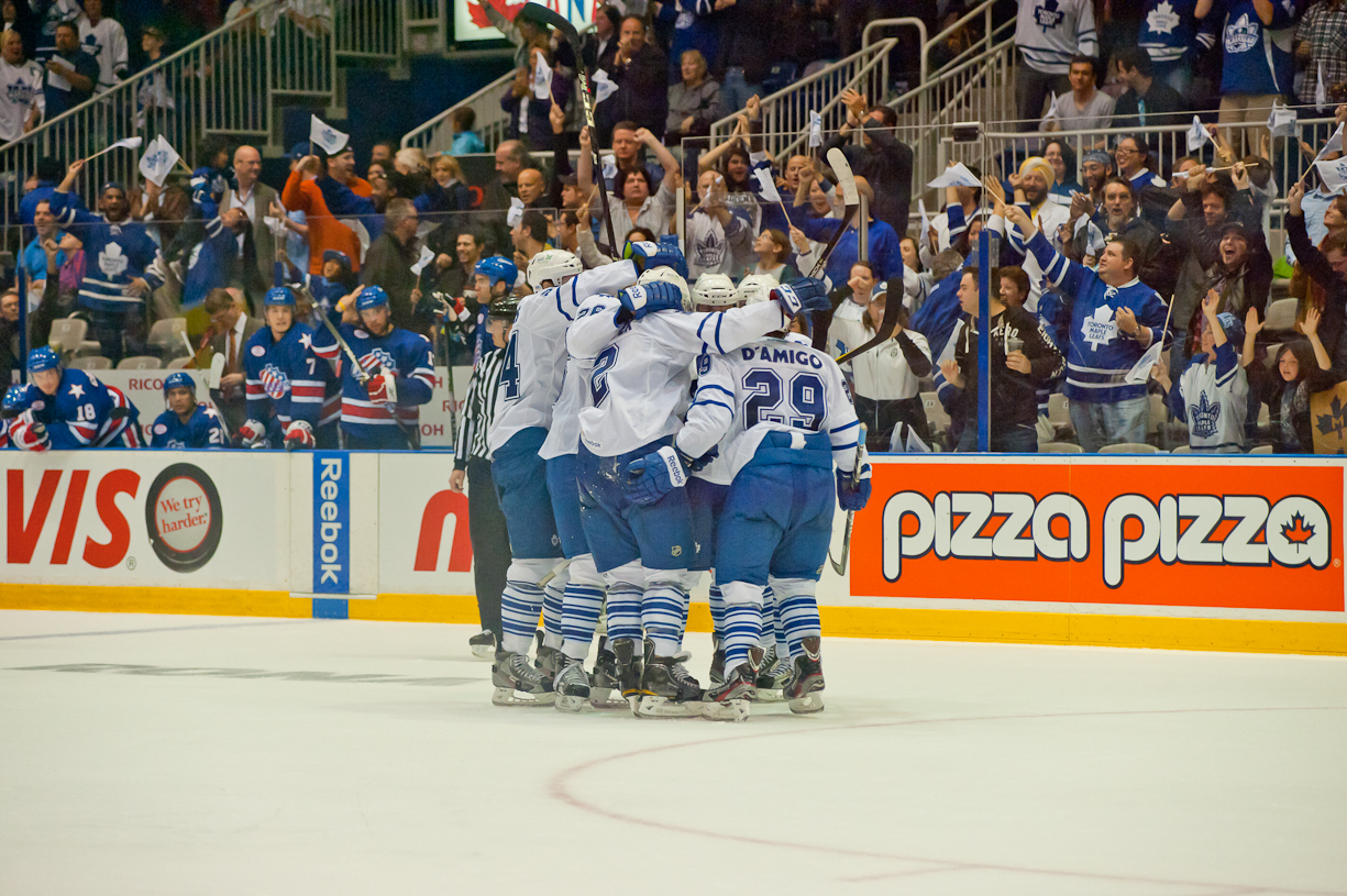 The Toronto Marlies celebrate one of its three goals in the third period in a 4-3 win over the Rochester Americans on Thursday night. The Marlies used its home ice advantage at Ricoh Colisuem to take a 1-0 lead in the best-of-five first round series (John Lucero) The Toronto Marlies celebrate one of its three goals in the third period in a 4-3 win over the Rochester Americans on Thursday night. The Marlies used its home ice advantage at Ricoh Colisuem to take a 1-0 lead in the best-of-five first round series (John Lucero)