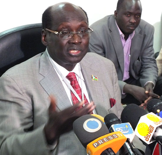 Dr. Barnaba Marial Benjamin speaking to the press in Juba [©Gurtong/ Waakhe Wudu]