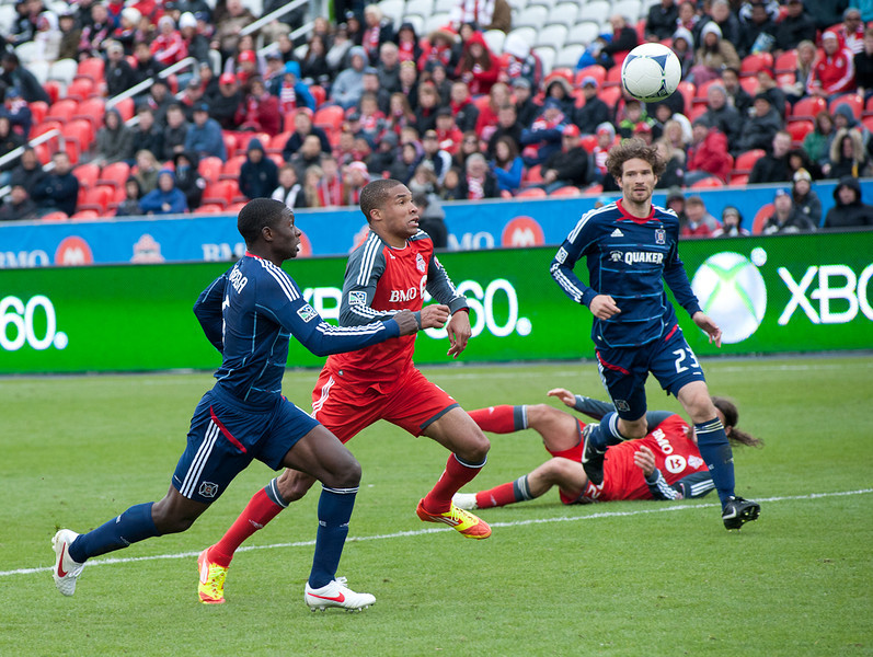 Toronto FC striker Ryan Johnson (middle) and Chicago Fire Jalil Anibaba chase down a ball in the air in a match at BMO Field Saturday afternoon. Chicago prevailed with a 3-2 win prolonging TFC's woes to start the MLS season with a sixth straight loss (John Lucero) Toronto FC striker Ryan Johnson (middle) and Chicago Fire Jalil Anibaba chase down a ball in the air in a match at BMO Field Saturday afternoon. Chicago prevailed with a 3-2 win prolonging TFC's woes to start the MLS season with a sixth straight loss (John Lucero)