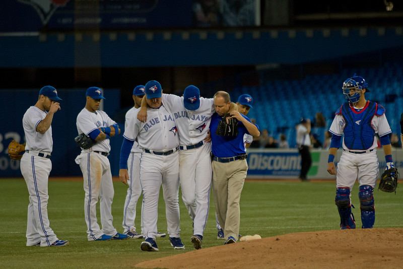 Toronto Blue Jays starting pitcher Brandon Morrow is helped off the field after taking a direct hit off a line drive in the seventh inning. The right-handed pitcher and team officials feared the worst but x-rays were negative. Toronto won 4-1 to sweep the Baltimore Orioles at Rogers Centre (JP Dhanoa) Toronto Blue Jays starting pitcher Brandon Morrow is helped off the field after taking a direct hit off a line drive in the seventh inning. The right-handed pitcher and team officials feared the worst but x-rays were negative. Toronto won 4-1 to sweep the Baltimore Orioles at Rogers Centre (JP Dhanoa)