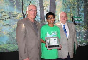 Enviro Award - (l-r) Harnoor Gill receiving Citizen Award of Conservation Halton's Awards of Excellence at their annual awards ceremony June 7th, 2012 from Bryan Lewis and Dave Kentner, Councillors of Town of Halton Hills, Ontario