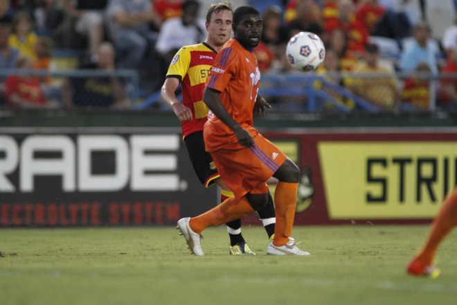FC Edmonton’s Dominic Oppong played a strong defensive role in midfield as the Eddies played the Fort Lauderdale Strikers to a 1-0 loss on Saturday June 16, 2012. FC Edmonton’s Dominic Oppong played a strong defensive role in midfield as the Eddies played the Fort Lauderdale Strikers to a 1-0 loss on Saturday June 16, 2012.