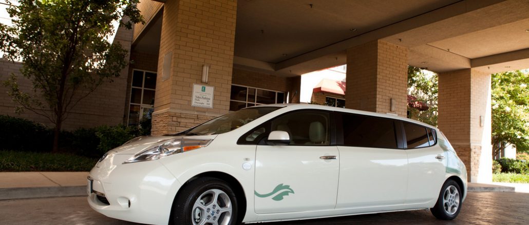 The Nissan LEAF stretch limousine at home in front of the Embassy Suites Nashville South