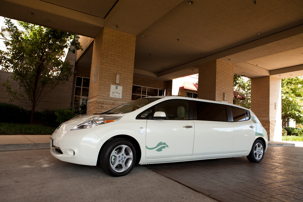 The Nissan LEAF stretch limousine at home in front of the Embassy Suites Nashville South The Nissan LEAF stretch limousine at home in front of the Embassy Suites Nashville South