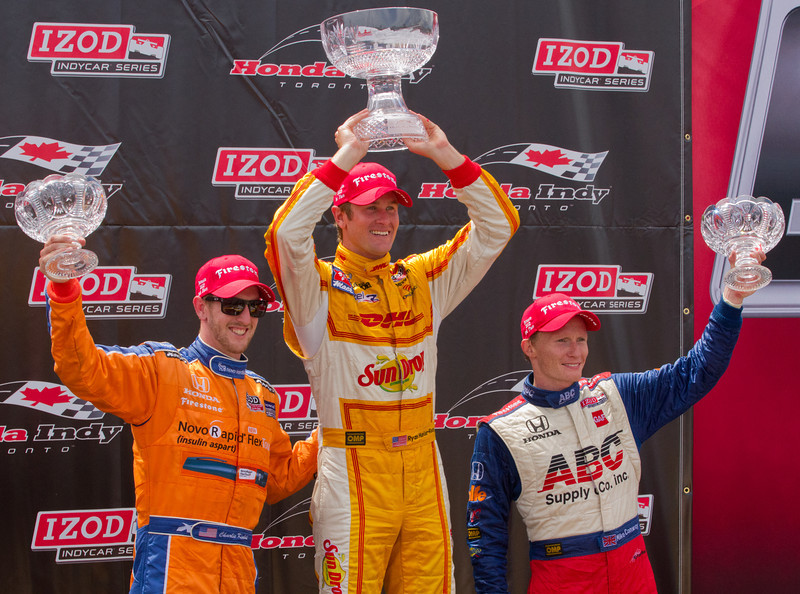 Ryan Hunter-Reay (centre), Charlie Kimball (left) and Mike Conway (right) stand on the podium at Honda Indy Toronto on Sunday afternoon (JP Dhanoa) Ryan Hunter-Reay (centre), Charlie Kimball (left) and Mike Conway (right) stand on the podium at Honda Indy Toronto on Sunday afternoon (JP Dhanoa)