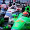 Bumbper to bumper racing at the Honda Indy Race 1 in Toronto. Pictured here: Canadian driver James Hinchcliffe followed closely by Brazilian driver Helio Castroneves and American driver Marco Andretti.