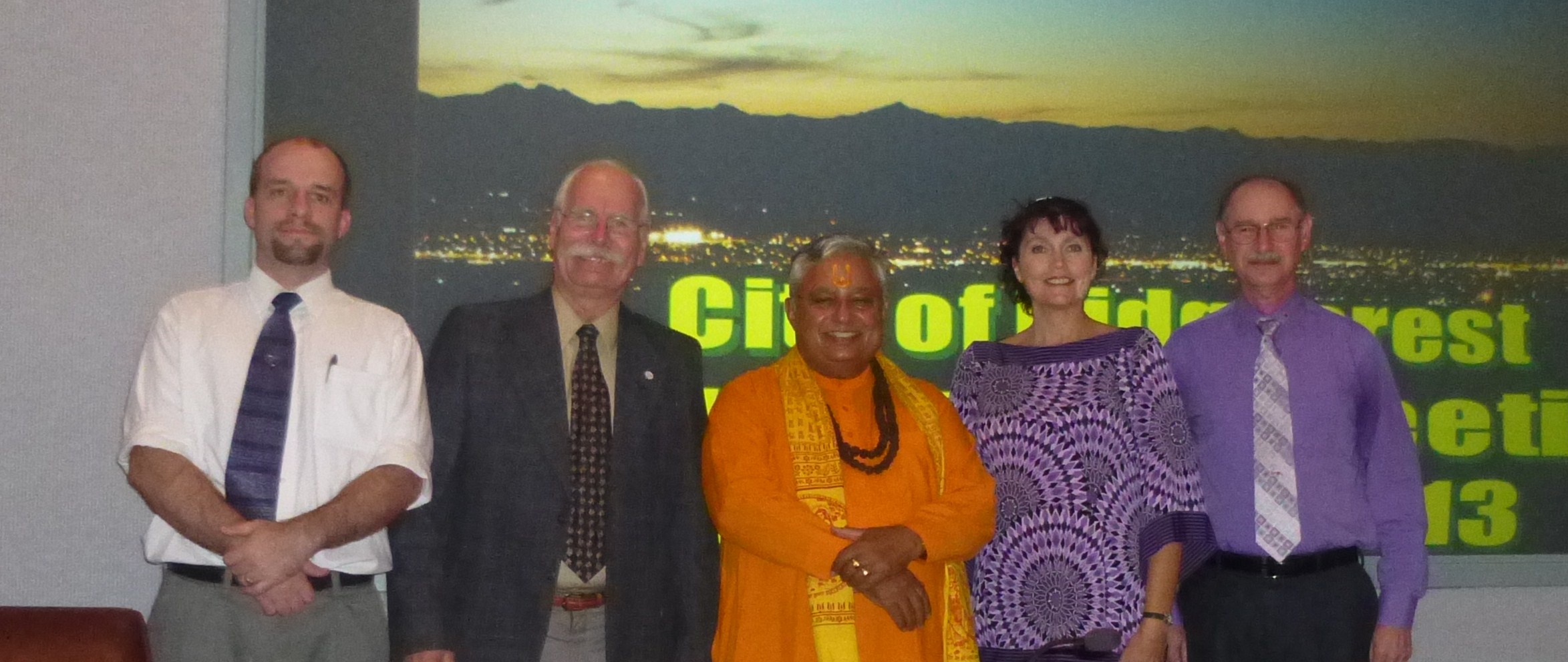 Just before the Ridgecrest City Council Hindu invocation, from left to right, are — Councilmember James Sanders, Mayor Daniel O. Clark, Hindu statesman Rajan Zed, Councilmember Lori Acton and Councilmember Steven P. Morgan.
