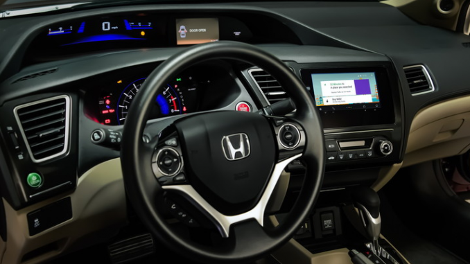 The Android Auto developer kit being tested in a Civic outfitted with a prototype infotainment system at the Honda Developer Studio