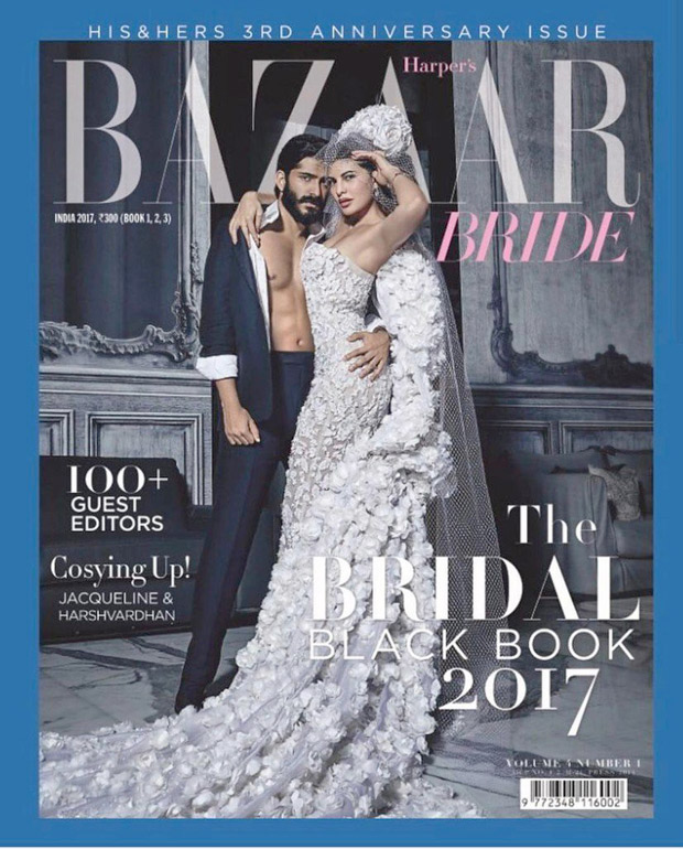 jacqueline fernandez and harshvardhan kapoor cozy up on harper’s bazaar bride cover