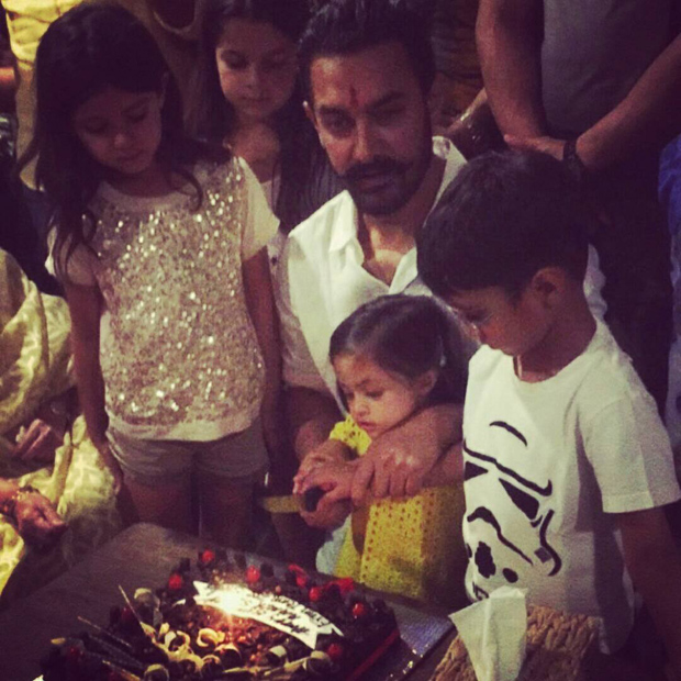 Aamir Khan cuts his birthday cake with son Azad and Imran Khan’s daughter Imara
