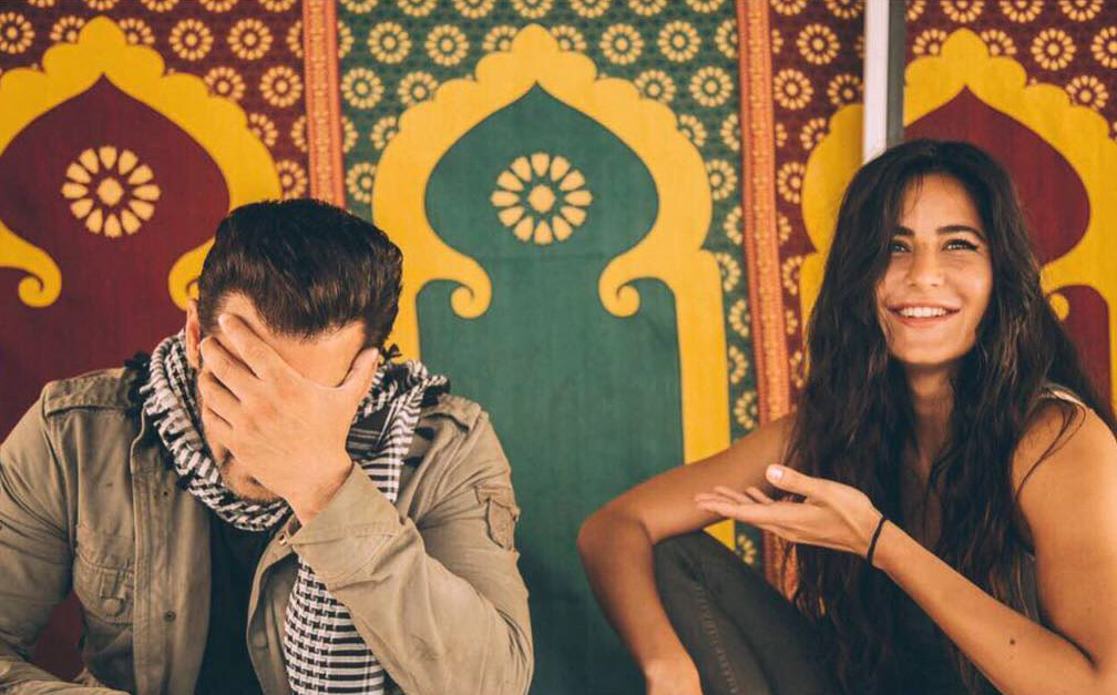 Salman Khan hides his face blushing with Katrina Kaif on sets of Tiger Zinda Hai