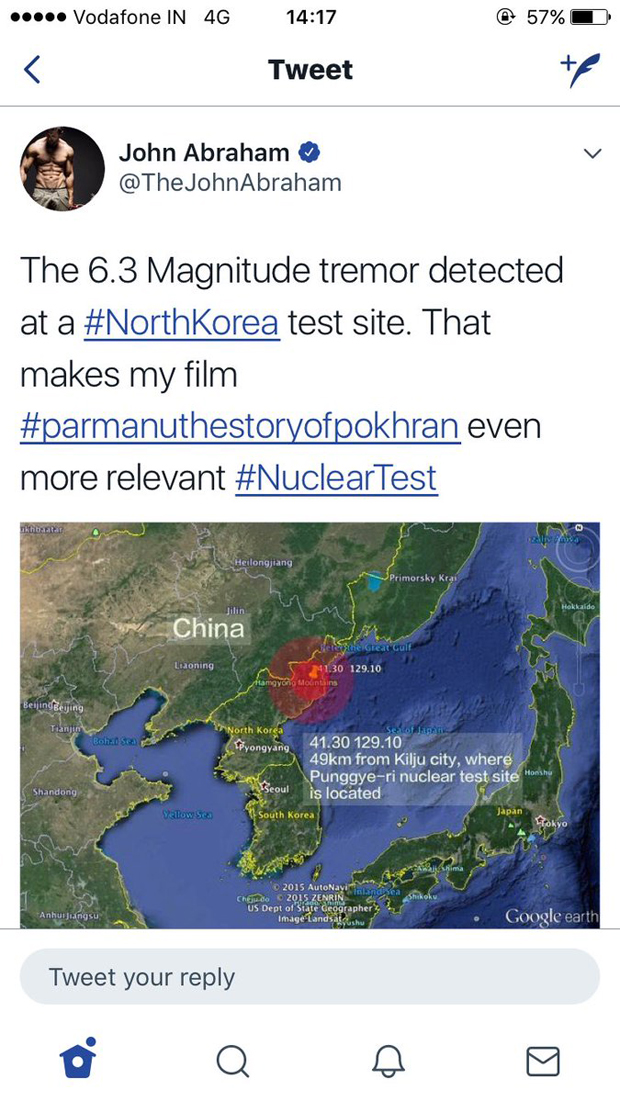 John Abraham receives flak on his tweet about North Korea tremor-2