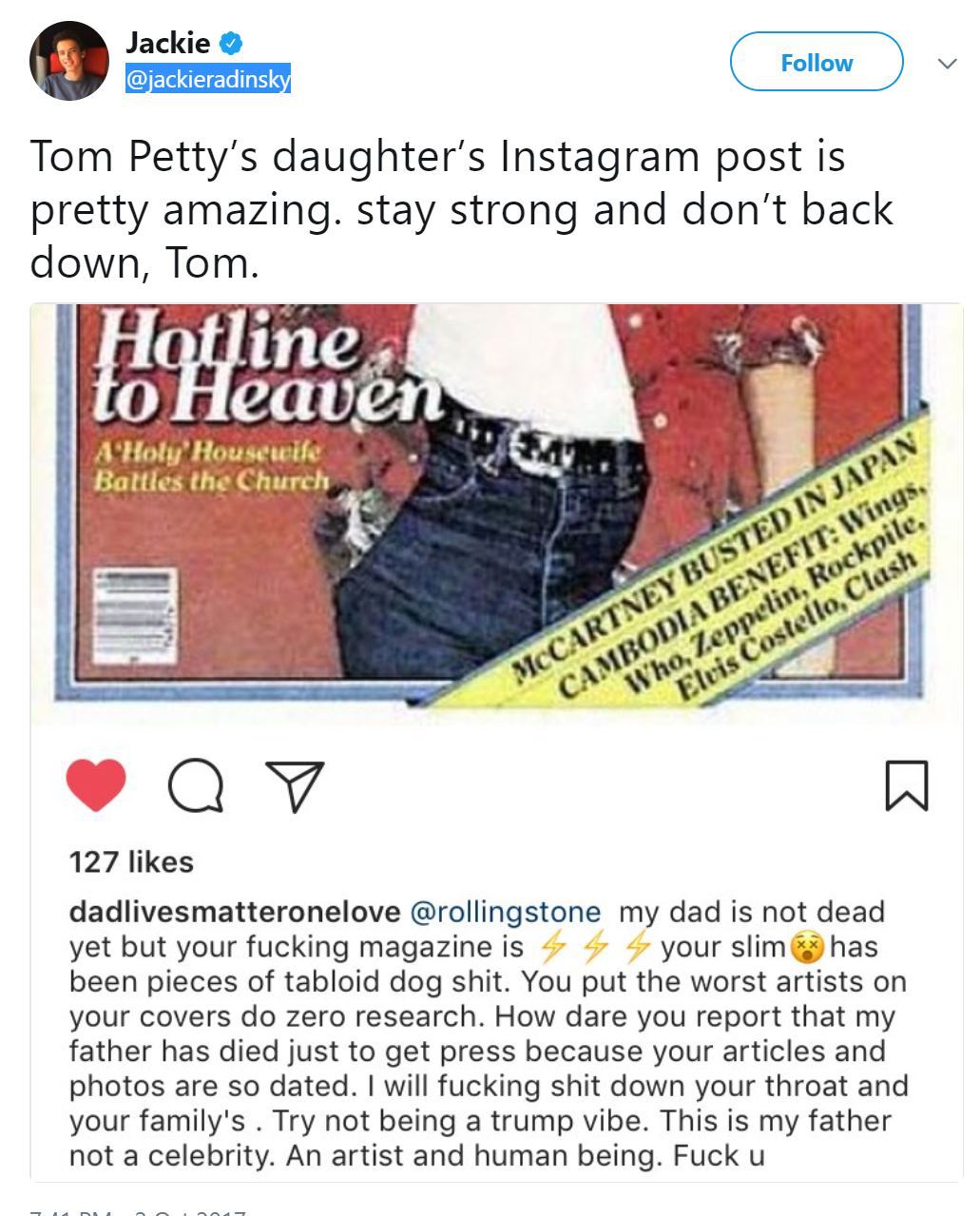 Instagram post purportedly from Tom Petty's daughter tearing strip of Rolling Stone and TMZ by inference since they reported the story first.