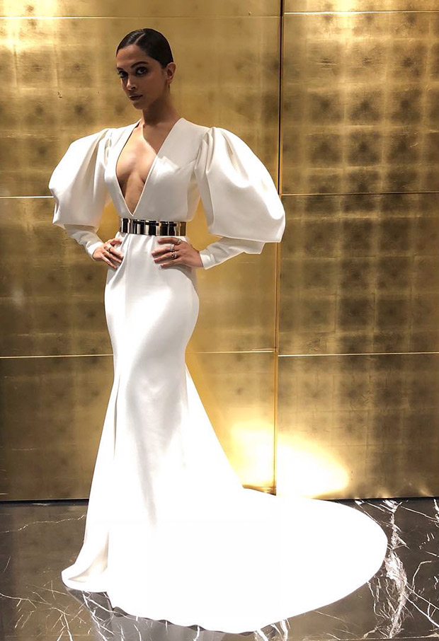 Deepika Padukone in a Falguni and Shane Peacock white gown at the Hello! Hall Of Fame Awards 2018