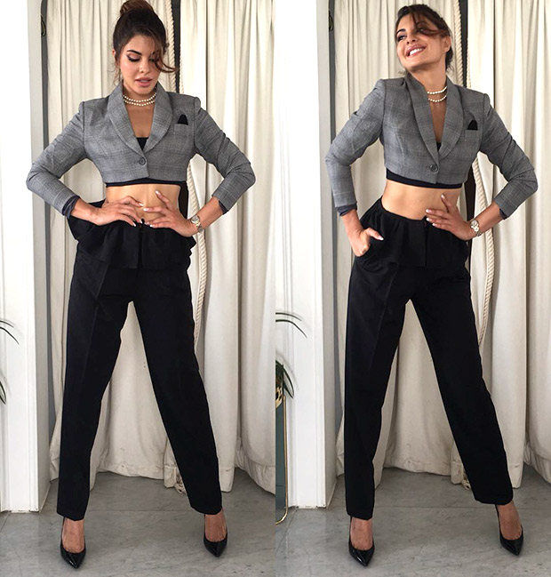 Jacqueline Fernandez in a plaid crop top and Rimzim Dadu pants for Race 3 promotions