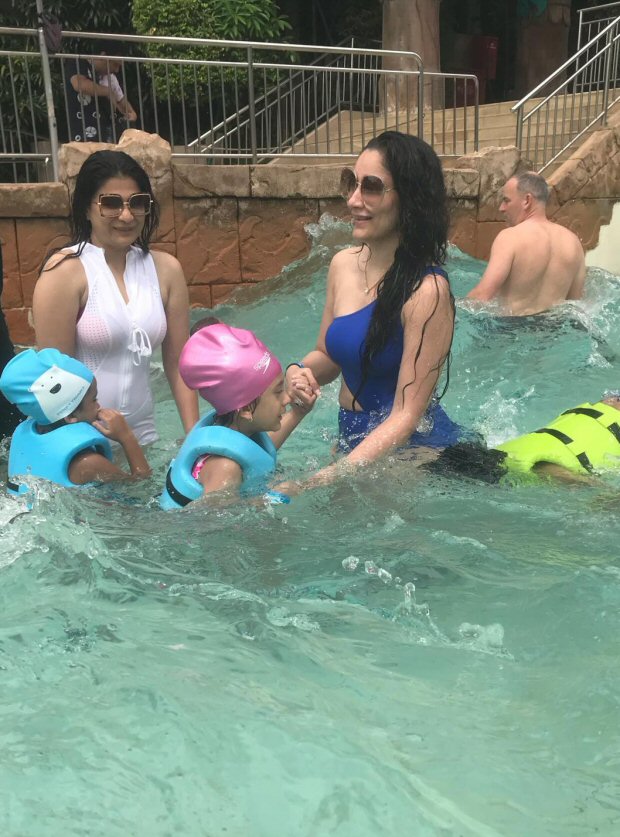 maanayata dutt is chilling and relaxing in a pool with kids iqra and shahraan