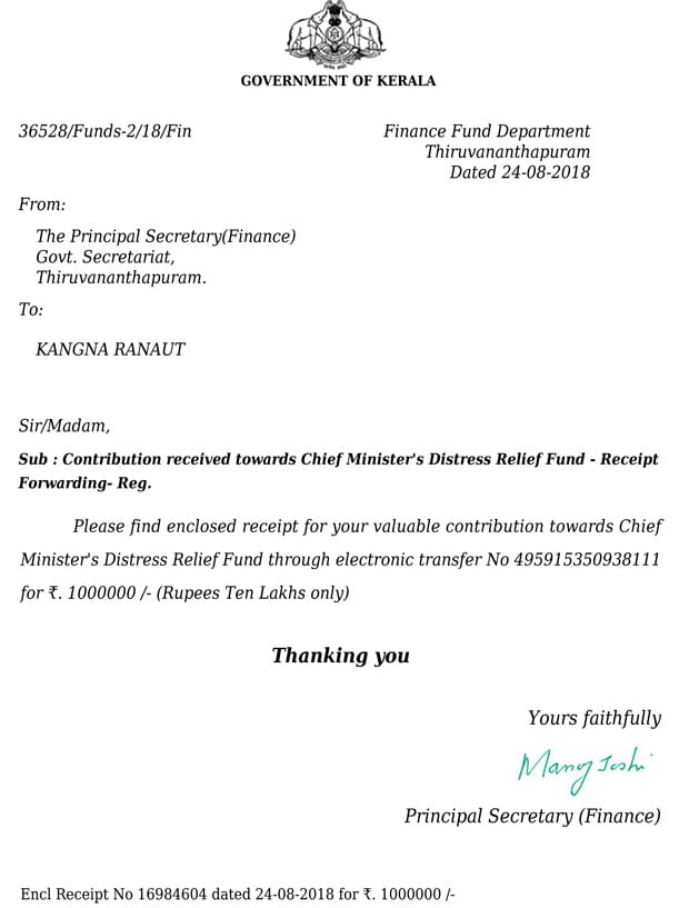 kerala floods: kangana ranaut donates rs 10 lakh to cm relief fund