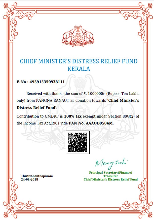 kerala floods: kangana ranaut donates rs 10 lakh to cm relief fund