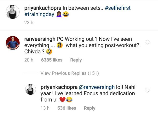 Ranveer Singh makes fun of Priyanka Chopra's gym selfie and it is totally friendship goals