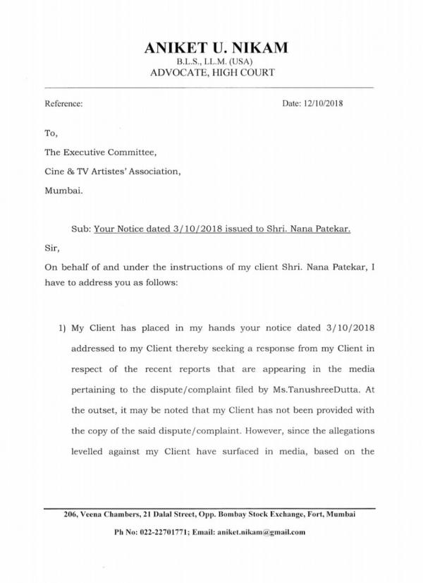 me too: nana patekar accuses tanushree dutta of mental harassment as he responds to her cintaa complaint