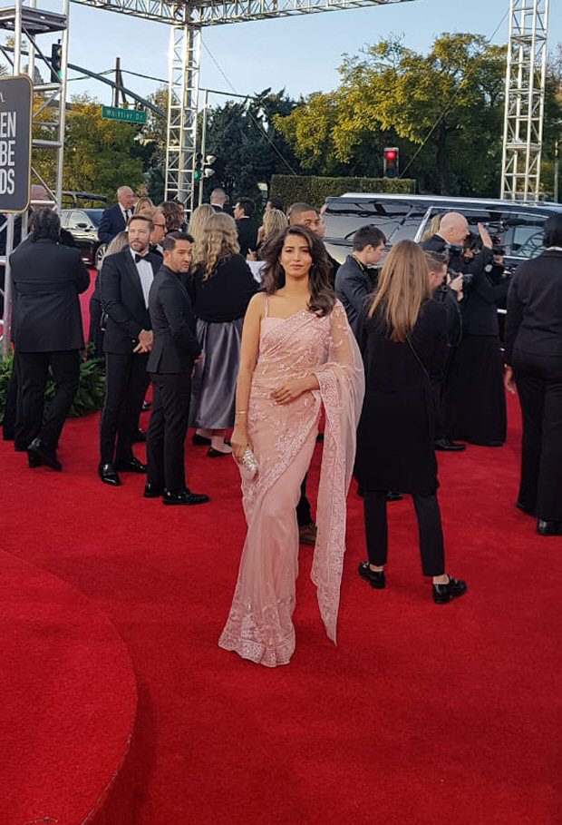 former miss india and bollywood actress manasvi mamgai goes desi in a saree at golden globes 2019; announces her production company
