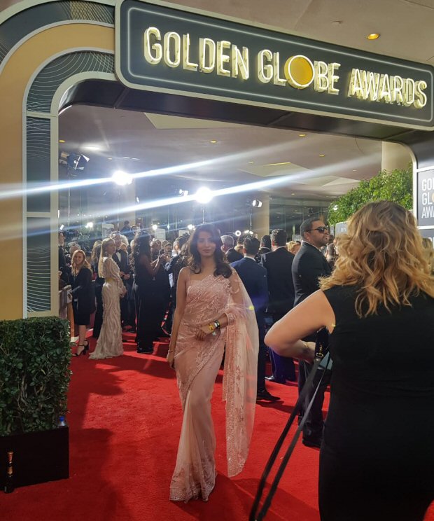 former miss india and bollywood actress manasvi mamgai goes desi in a saree at golden globes 2019; announces her production company