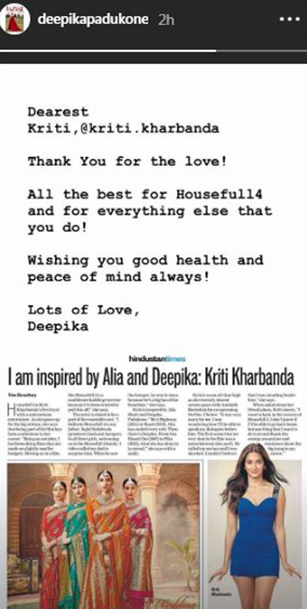 deepika padukone thanks kriti kharbanda for calling her an inspiration