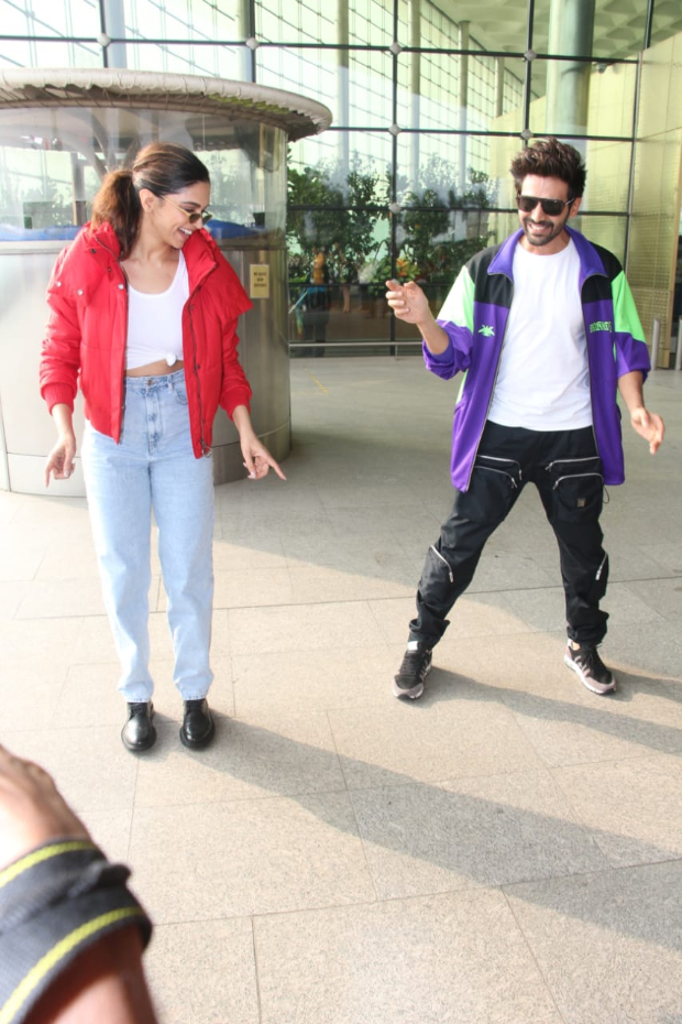 pictures: kartik aaryan and deepika padukone have a dance off on ‘dheeme dheeme’ at the airport!