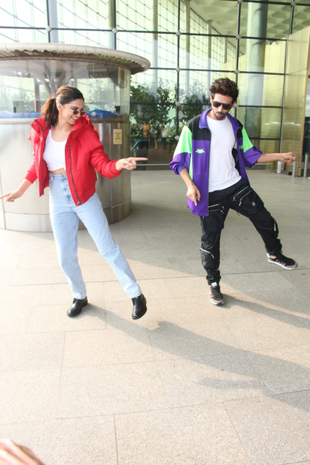 pictures: kartik aaryan and deepika padukone have a dance off on ‘dheeme dheeme’ at the airport!