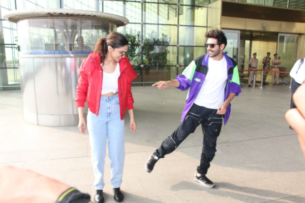 pictures: kartik aaryan and deepika padukone have a dance off on ‘dheeme dheeme’ at the airport!