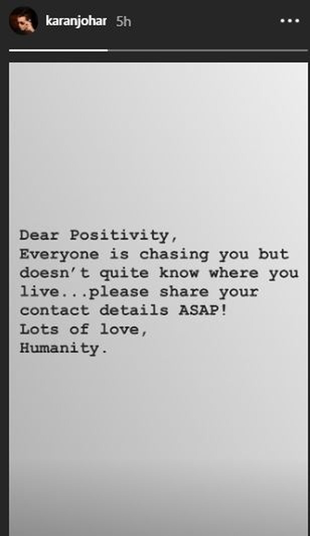 karan johar pens a note addressed to positivity; asks it to share its contact details 